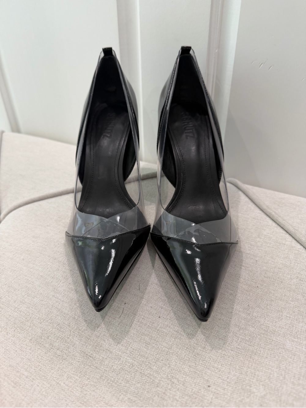 SCHUTZ Black Patent Pointed-Toe Pumps with Clear Panel